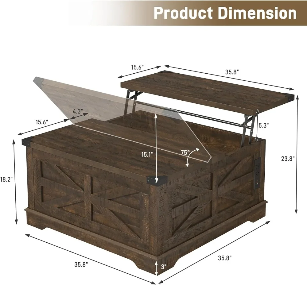 Farmhouse Lift Top Coffee Table with Storage, Power Outlets, Square Wood Table with Wheels, Brown