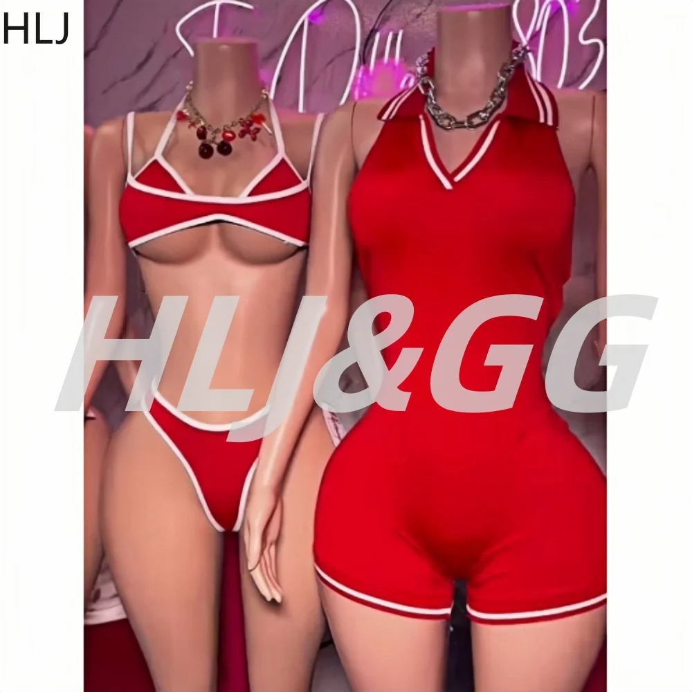 

HLJ Fashion Hot Girl Halter Bodycon One Piece Rompers Women V Neck Sleeveless Backless Slim Jumpsuits Sexy Y2K Stretchy Overalls