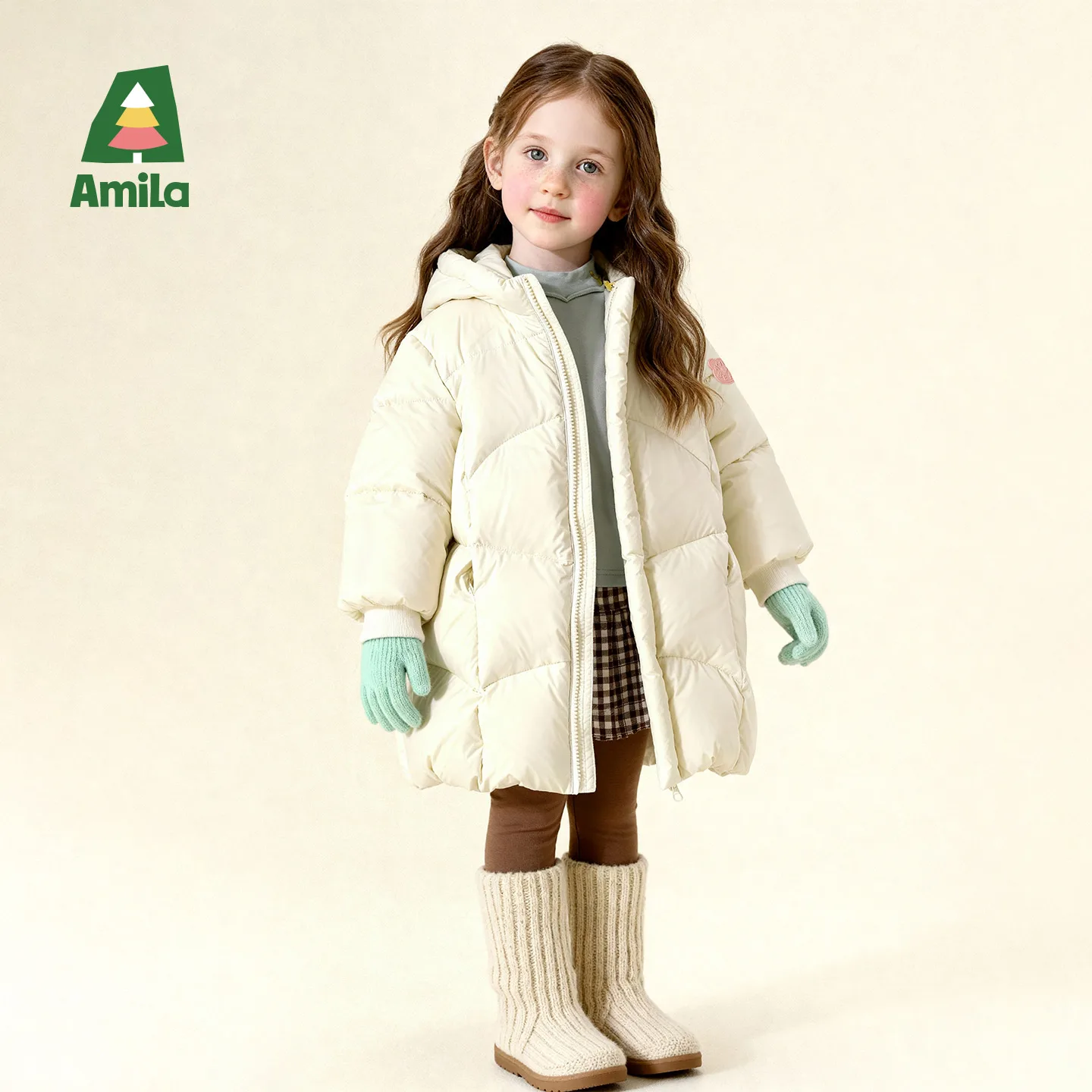 Amila 2026 Kids Winter Children's Long Down Jacket With Bear Ear Hoodie Design, Rain Resistant Snow 90 White Duck Down Fill