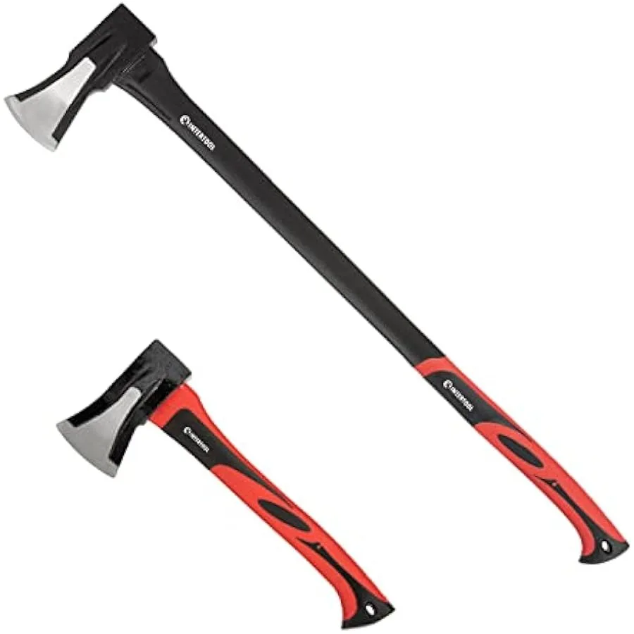 INTERTOOL Wood Splitting Maul and Hatchet Set 35-inch Axe and 15-inch Camping Hatchet Shock Absorbing Fiberglass Handles with B