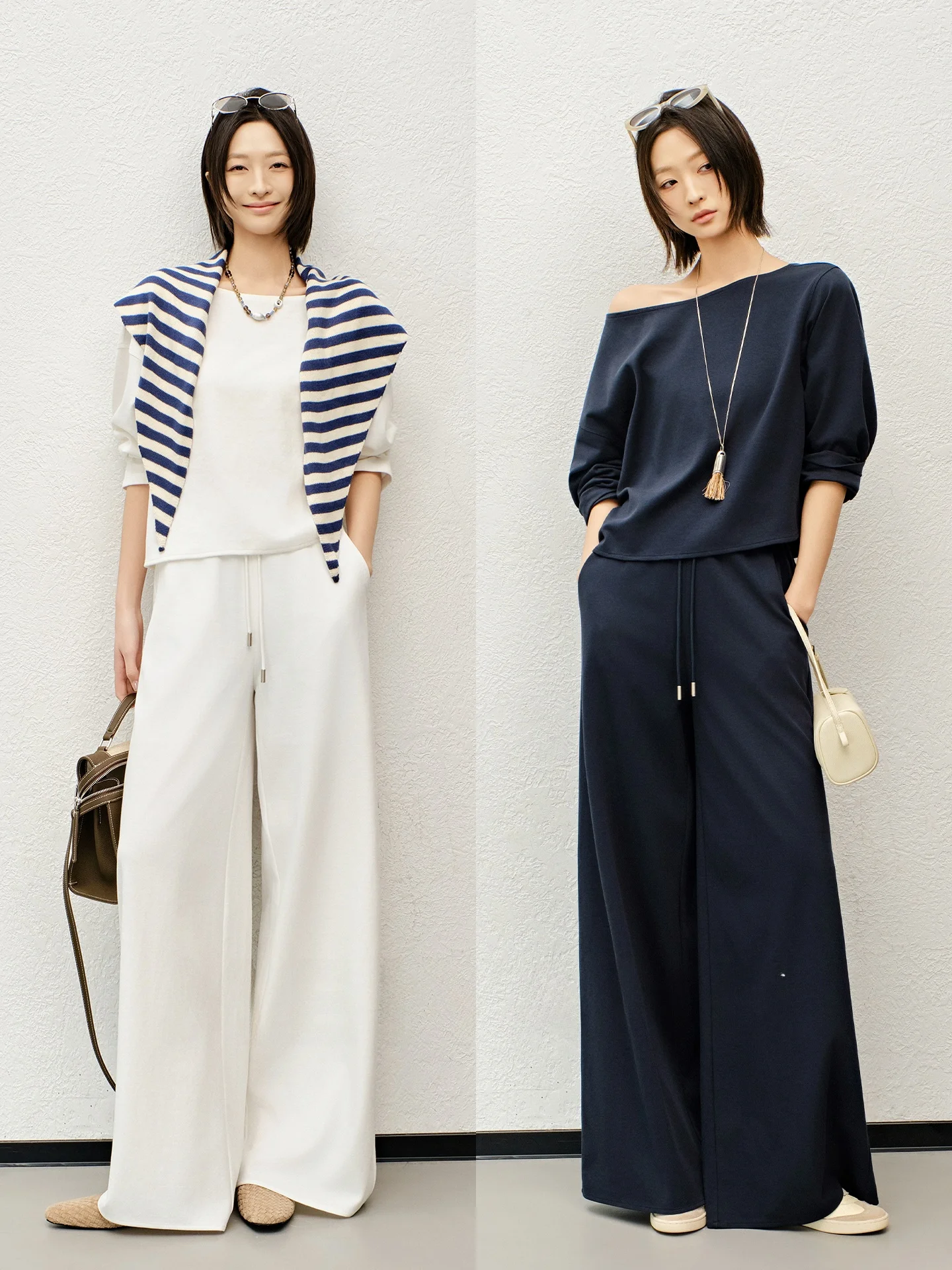 

Meiyang Lightweight Oxygen No. Set Casual Cotton Shoulder Baring Top And Pants High Waist Long Pants T-Shirt Style Loose Fit