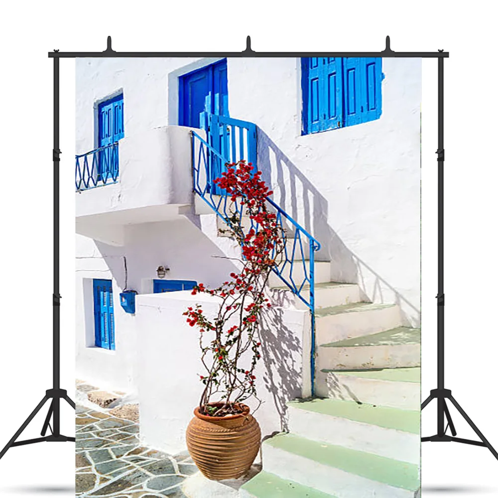 Santorini Greek Aegean Sea Holiday Party Decoration Bay Town Architecture Flowers Photography Background  XC-02