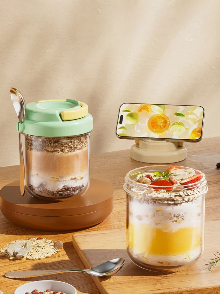 

Портативная стеклянная чашка для завтрака, чая с молоком, овсом, ручная чашка с ложкой для работы, ночная стеклянная чашка для молока, дорожная уличная чашка