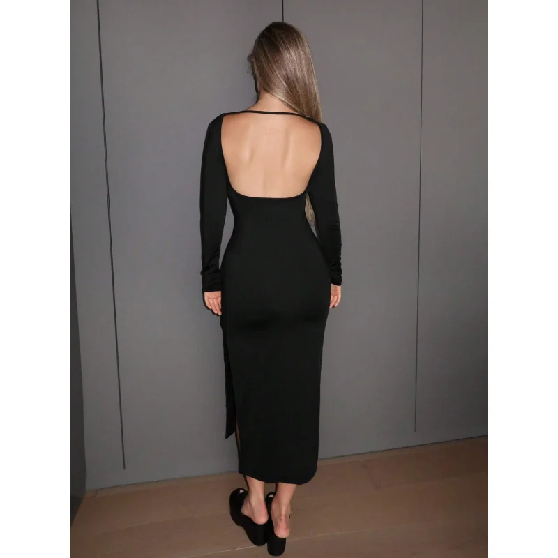

YQ1-Women's Autumn and Winter New High Elastic Sexy Backless Slit Bodycon Elegant Party Dress