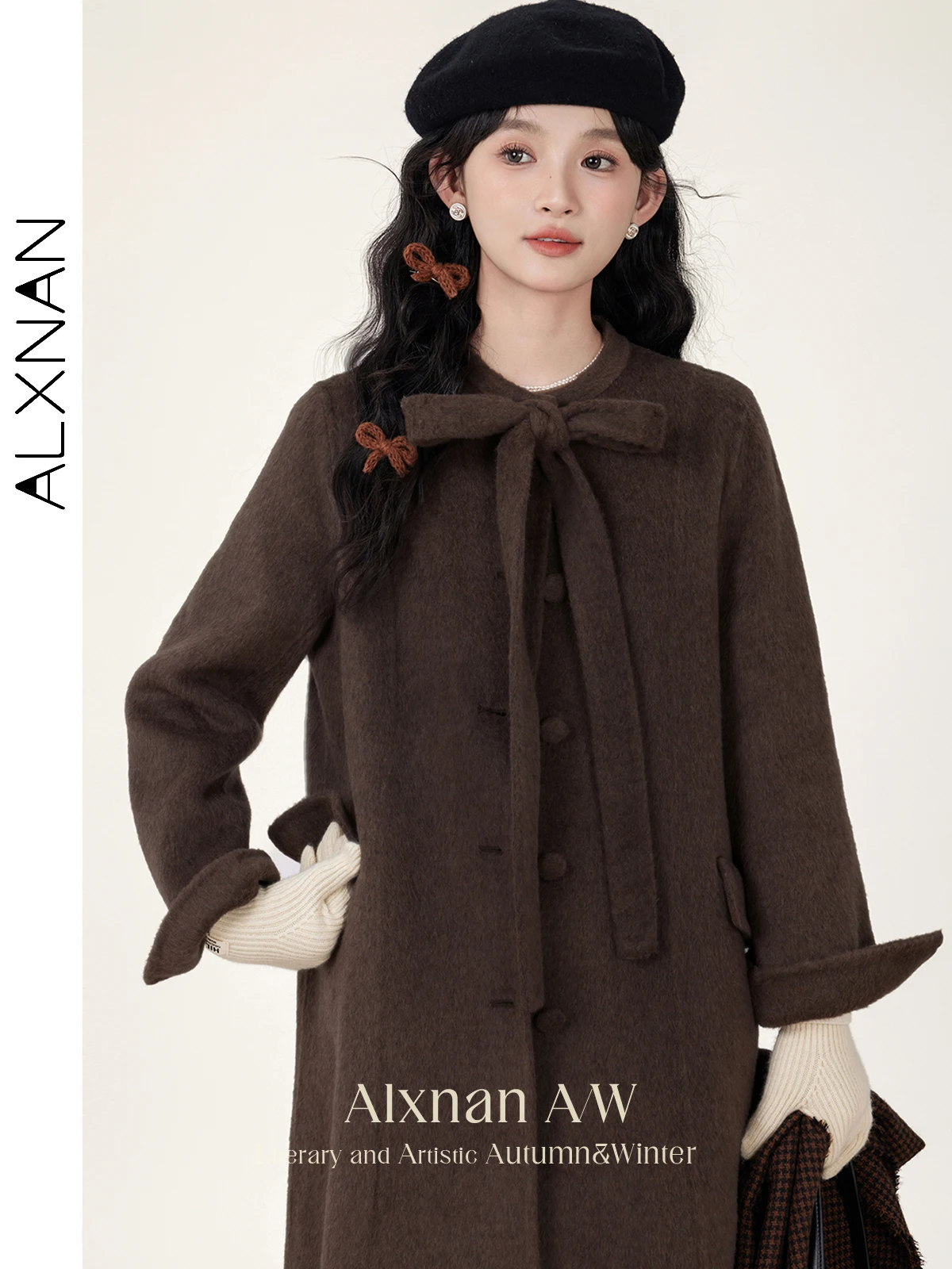 

ALXNAN Women's Double-sided Woolen Coat 2025 Autumn Winter Brown Long Elegant Office Lady Overcoat L51007