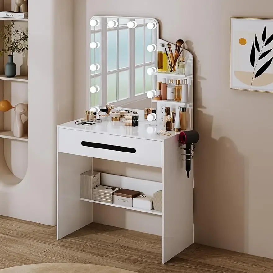 

Modern Vanity Desk with Lighted Mirror, Desk Makeup Dressing Table with Power Strip, 12 LED Lights, 1 Large Drawers