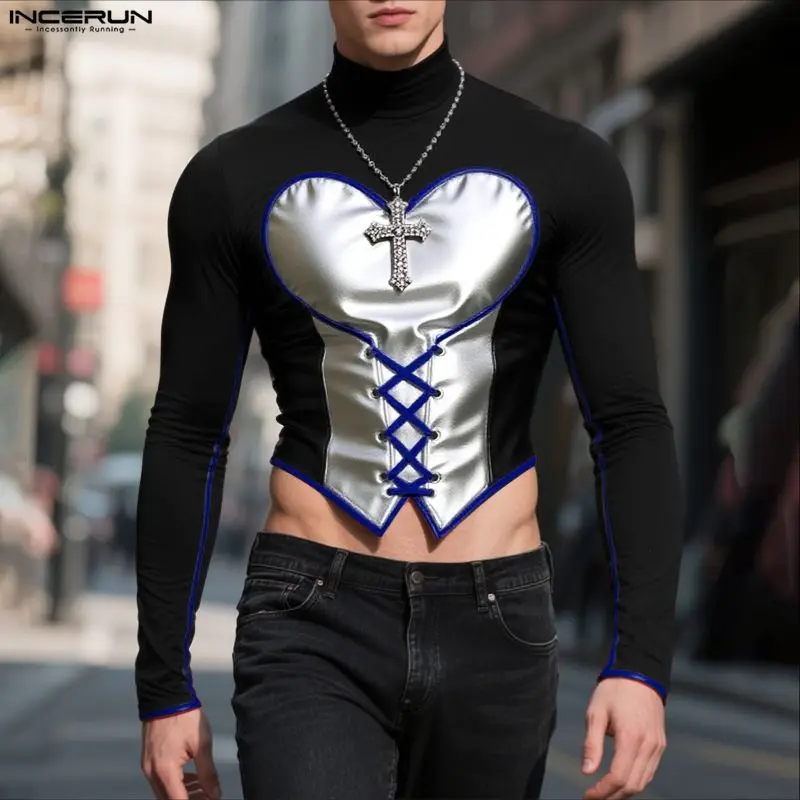 INCERUN Men T Shirt Shiny Patchwork Lace Up Turtleneck Long Sleeve Crop Tops Men Streetwear Fashion Party Men Clothing Camisetas