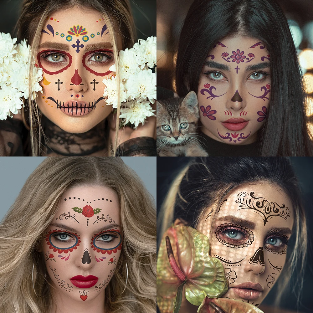 4 Sheets Face Festival Tattoo Costume Party Stickers Halloween Waterproof Temporary Tattoos Makeup Body Dress Up Decoration