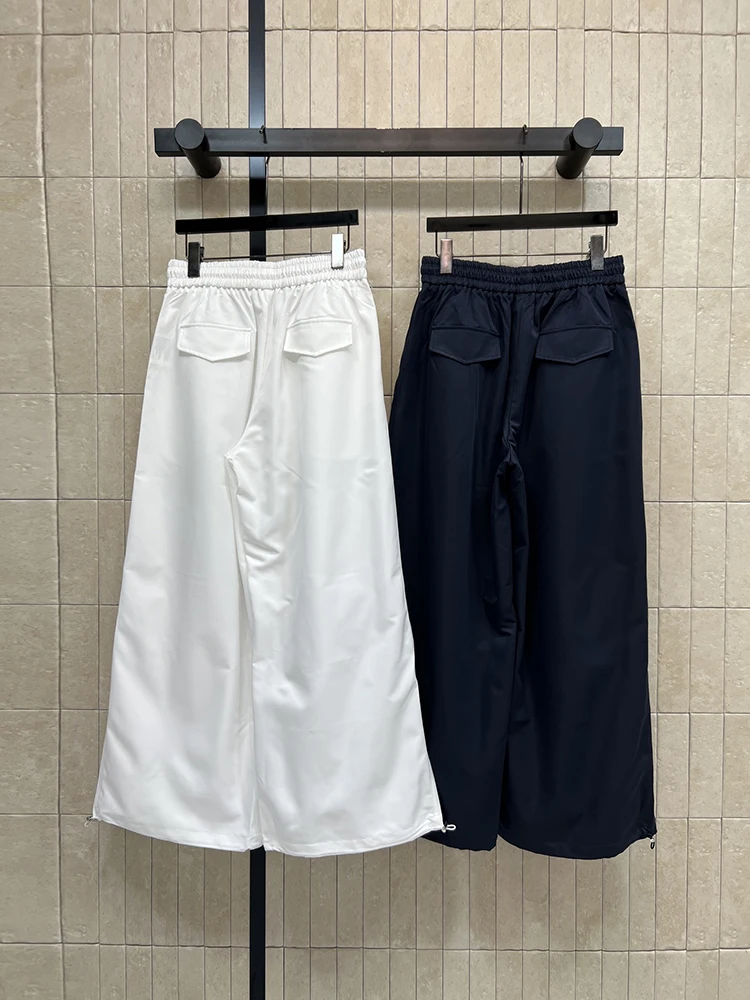 Spring Summer Fashion Outdoors White Simplicity Casual Wide Leg Pants Women's Drawstring Waist Slim Solid Color Loose Trousers