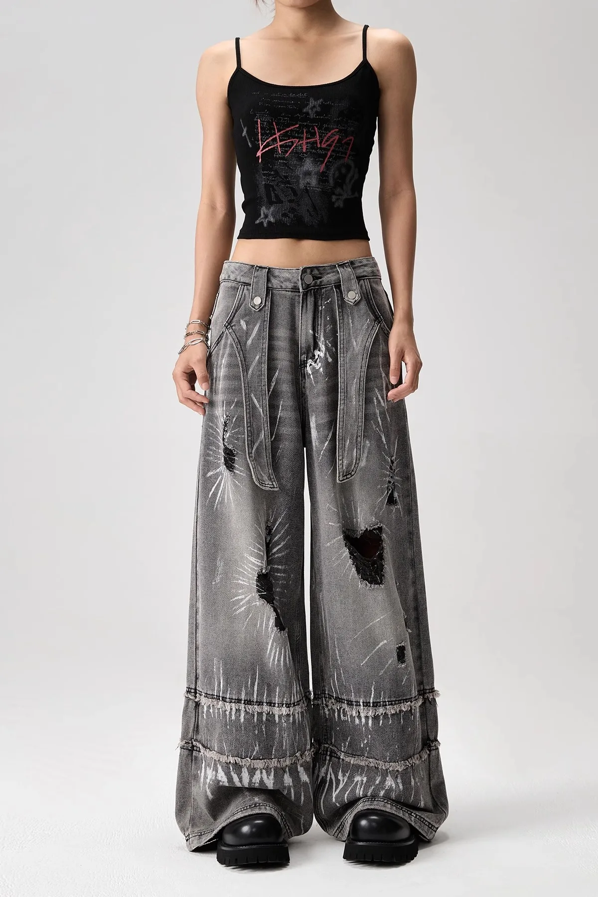 

Women's Gothic Vintage Black Ripped Wide-Leg Jeans Y2k 2000s American High Street Loose Straight Denim 90s Aesthetic Floor Pants