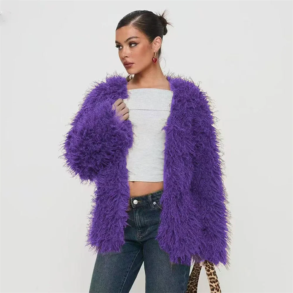 Abrigo de invierno para mujer, abrigos de piel de lana de imitación, cálidos, mangas largas, botones ocultos, prendas de vestir exteriores, chaqueta de lana mongol de piel sintética para mujer