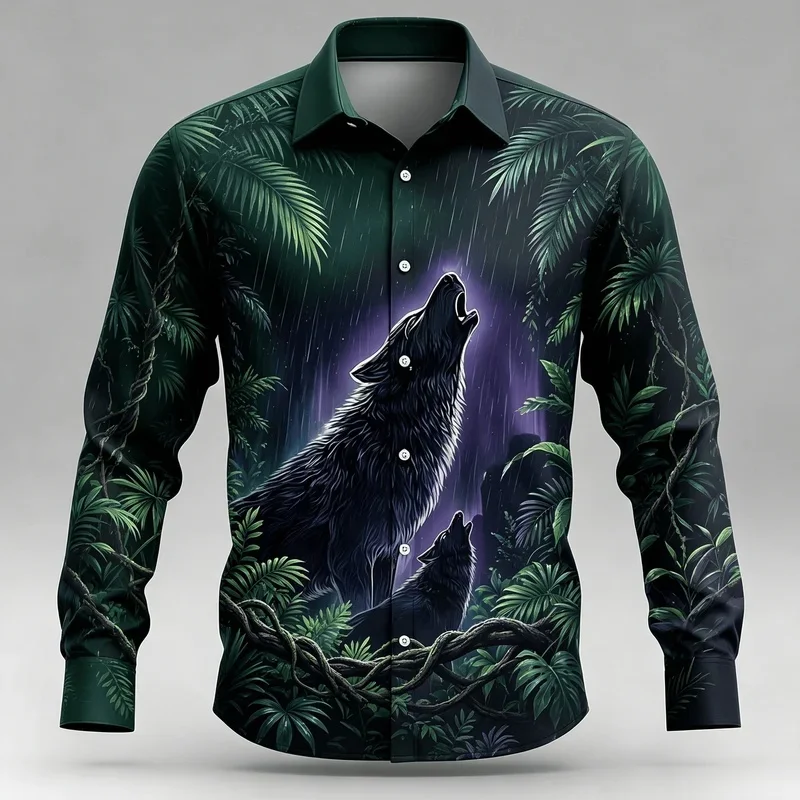 Men's Scenic Western Button Up Shirt, Desert Night Sky with Wild Horses Print, Nature Landscape Long Sleeve Top