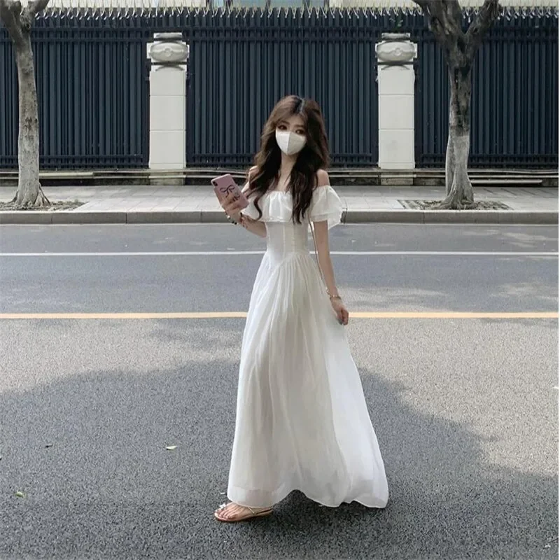 

White Ruffles Strapless Holiday Long Party Dress New Spring Summer Off Shoulder A Line Dress Slash Neck Slim Waist Fairy Dress