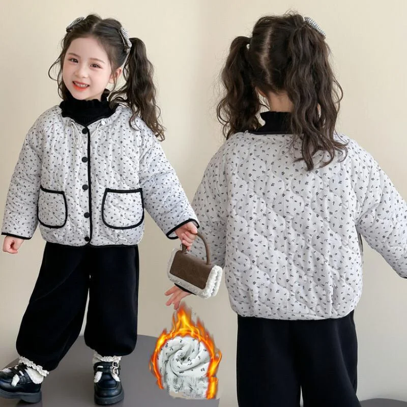 

Child Winter Cotton-Padded Jacket Autumn Thicken Tops Coat Girl Floral Keep Warm Versatile Kawaii Fashion New Casual Clothing