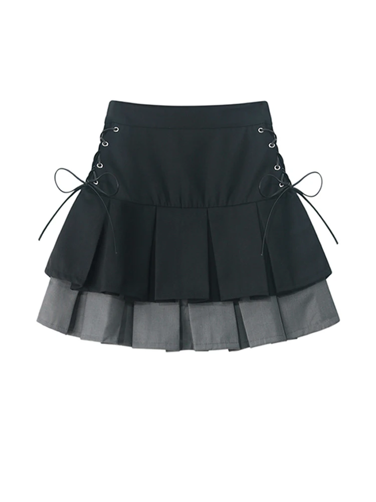 Women\'s Pleated Skirt Kawaii Gothic Black Mini Skirt Korean High Waist Y2k Harajuku Vintage Bandage A-line Skirt Clothes Summer