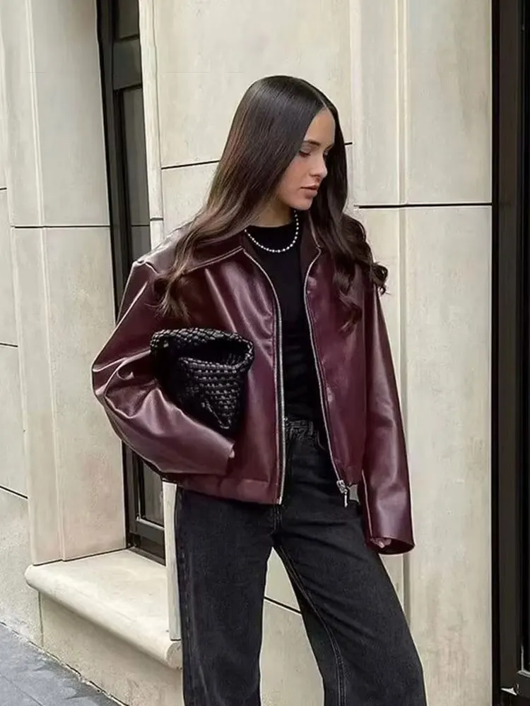 HH Women Autumn Fashion Burgundy Faux Leather Jackets Zipper Casual Lapel Long Sleeves Coat Female High Street PU Outerwear