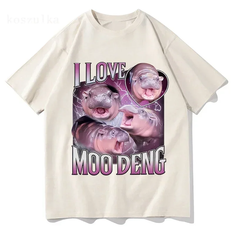 L love Moo Deng Baby Hippo T Shirt Funny Men/women Clothing Harajuku Vintage Unisex Cotton Graphic T Shirts Halloween Clothes