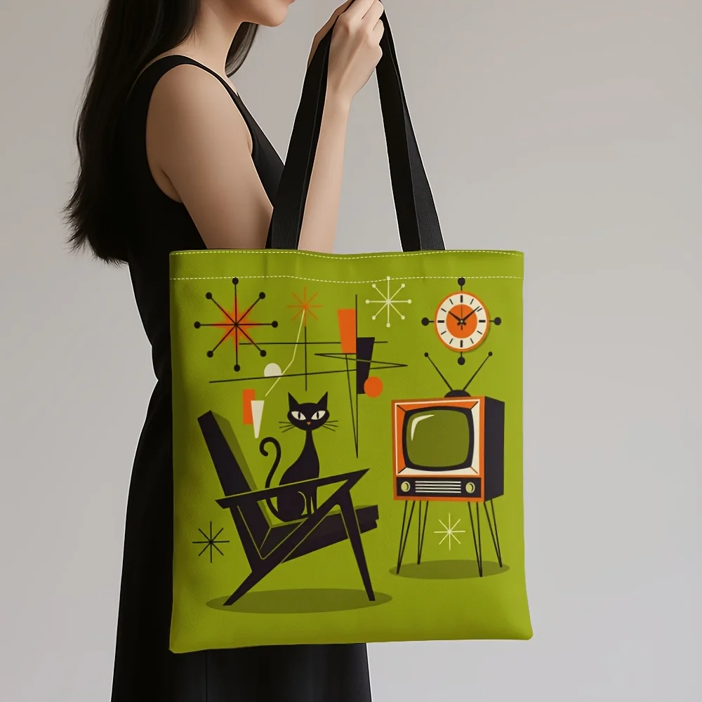 1pc Women' Mid-Century Modern Tote Bag Reusable Nylon Handbag with Shoulder Straps Multifunctional for Shopping Holiday Gift