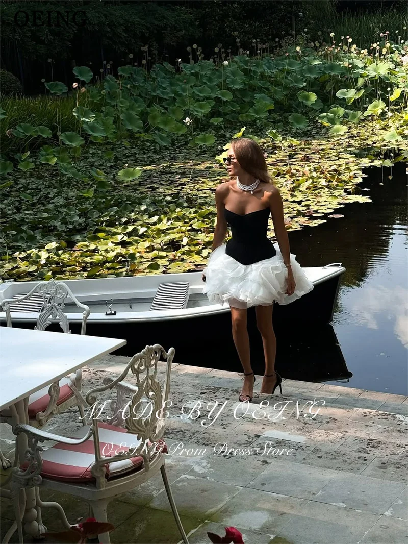 Sukienki na studniówkę w stylu A, czarno-białe, bez ramiączek, z kwiatami 3D, sukienki na przyjęcie, bez rękawów, mini sukienki wieczorowe, szyte na miarę.