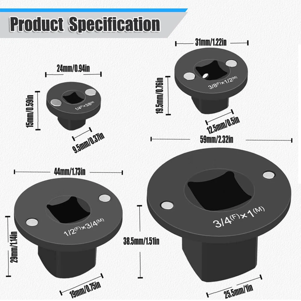 Low-Profile Impact Socket Adapter Set 3/4 tot 1,1/2 tot 3/4,1/2 tot 3/8,1/4 tot 3/8 Drive Ratel Adapter 4 Stuks Socket Adapter Set