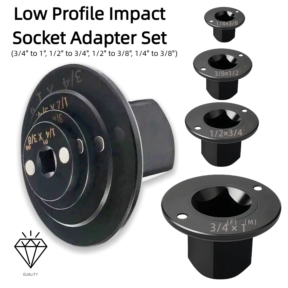 Low Profile Impact Socket Adapter Set, 4PCS Drive Ratchet Adapter Designed for Tight Spaces 3/8 to 1/2 1/4to3/8 3/4to1 1/2to3/4