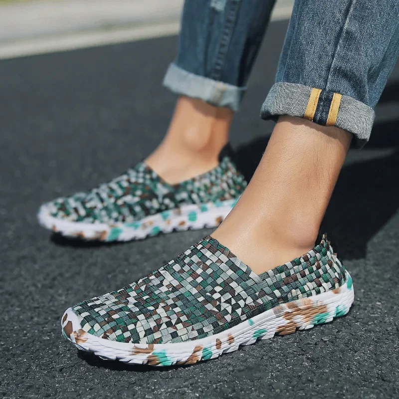 XIHAHA Casual men flats Style Shoes Slip On elastic force Woven Loafers couple Shoe Mesh Breathable man Shoes male Sneaker