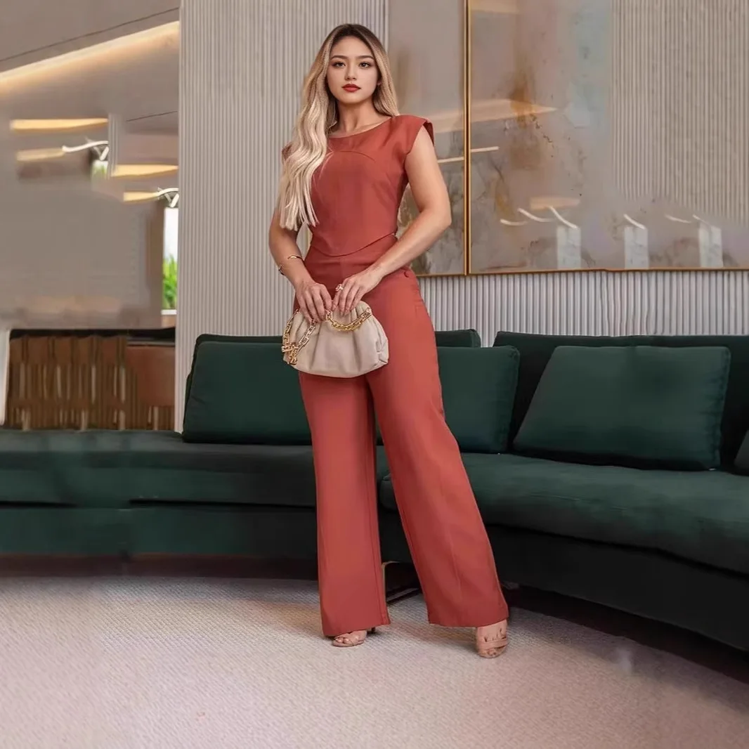 

Комплекты из 2 предметов, женские широкие брюки, топ без рукавов, круглый воротник, однотонный ансамбль, 2025 г., офисные женские брючные костюмы с высокой талией