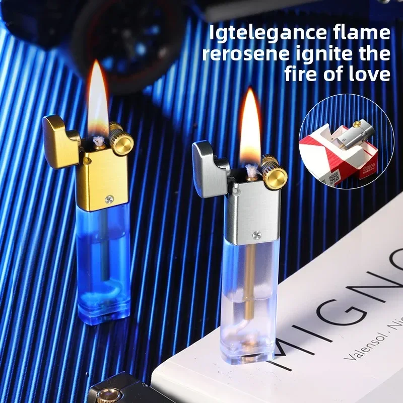 Ultra-Thin Portable Metal Kerosenes Lighter with Transparent Fuel Tank Windproof Grinding Wheel Smoking Accessory Gift