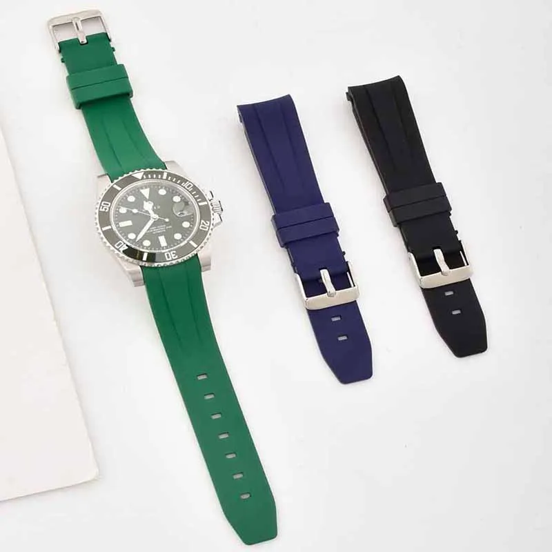 FKM Silicone Rubber Arc End Watch Belt for Rolex Water Ghost Submariner GMT Yacht-master Watchband 20mm Men's Replacement Strap