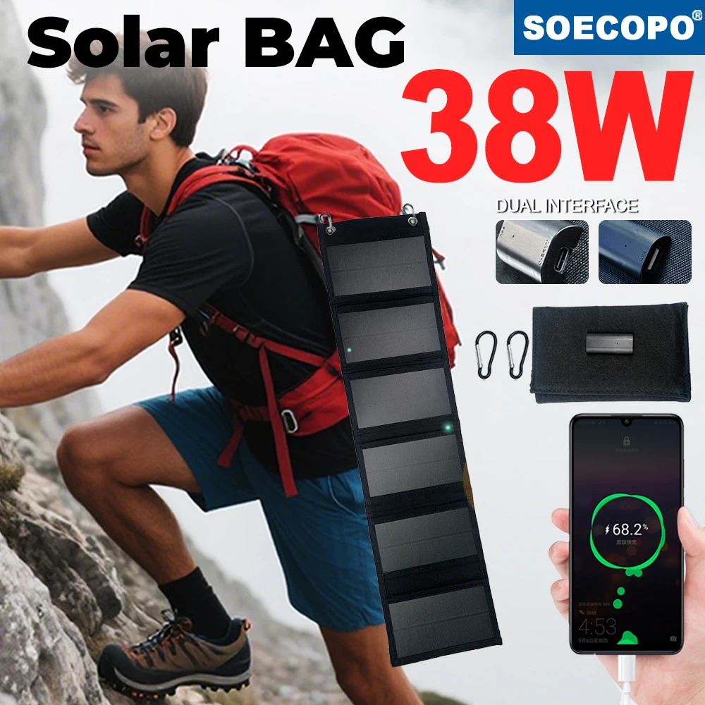 

SOECOPO 38W Camping Portable Foldable Design Solar Panel Bag Power Bank Dual Interface Charge Phone USB + Type - C 5V Ports