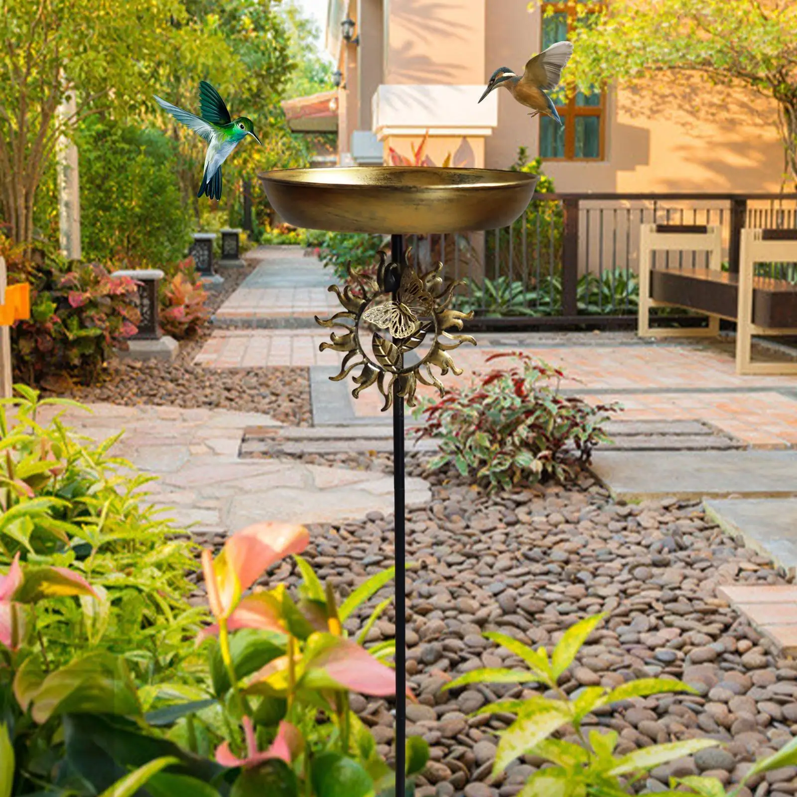 

Bird Feeder Tray Statue Freestanding Bird Bath Bowl for Porch Deck Railing