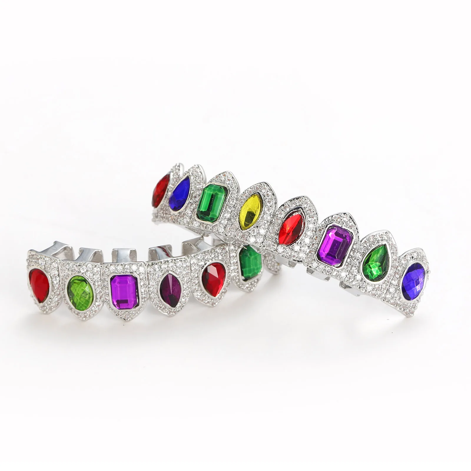 Full CZ Multi-color Stones Teeth Grillz Caps Cubic Zircon Iced Out Micro Pave Top&Bottom Charm Grills Set For Men Women Jewelry