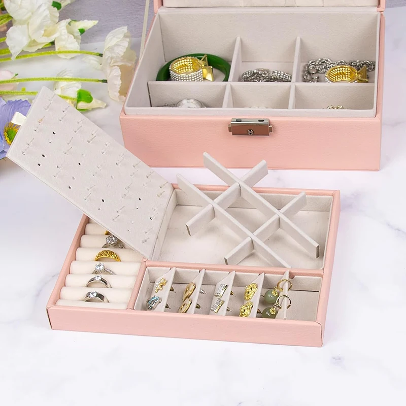 Pu Leather Jewelry Box Organizer Women Girls 2 Layer Jewelry Storage Case with Lock for Rings Earrings Necklace Bracelets