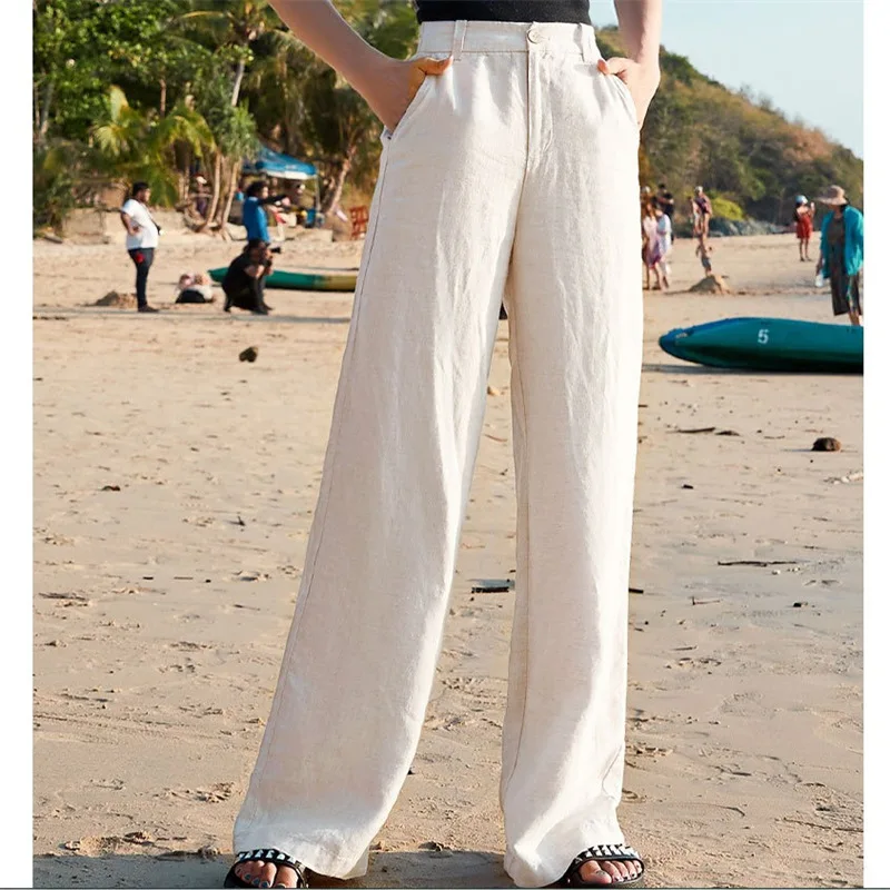 Summer Cotton Linen Pants Women Elegant High Waist White Wide Leg Pants Woman Casual Loose Straight Full Trousers Female