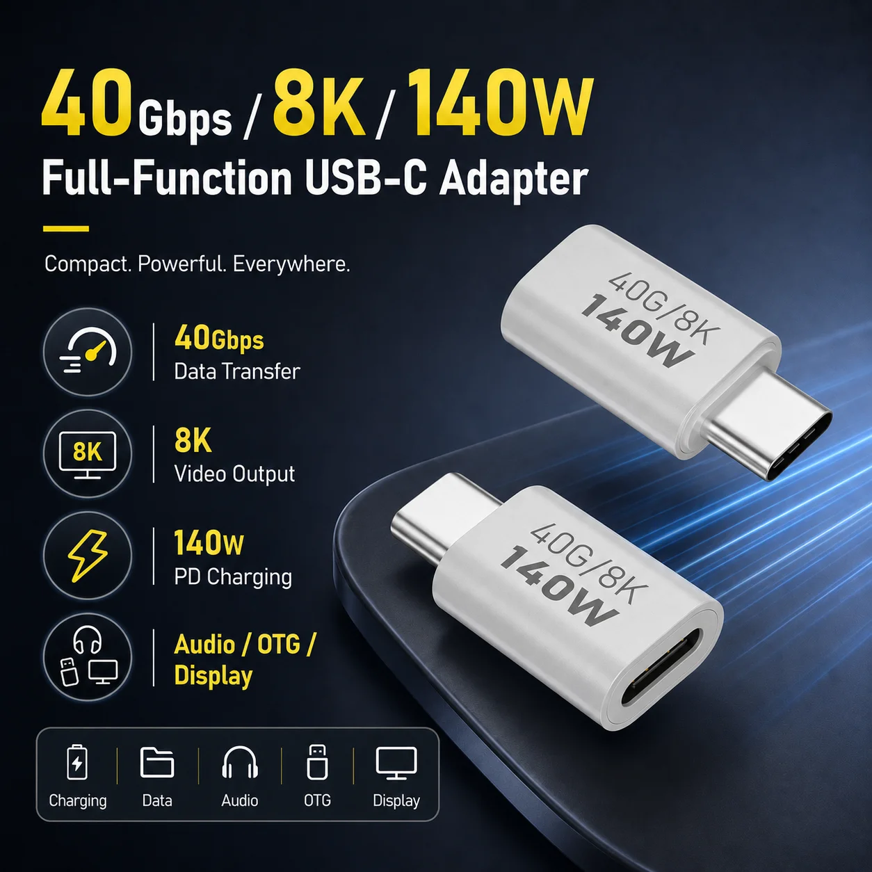 

PD140W USB4.0 Type C to USB C Fast Charging Adapter Converter 40Gbps Data Sync Connector 8K@60Hz USB C OTG Adapter for MacBook