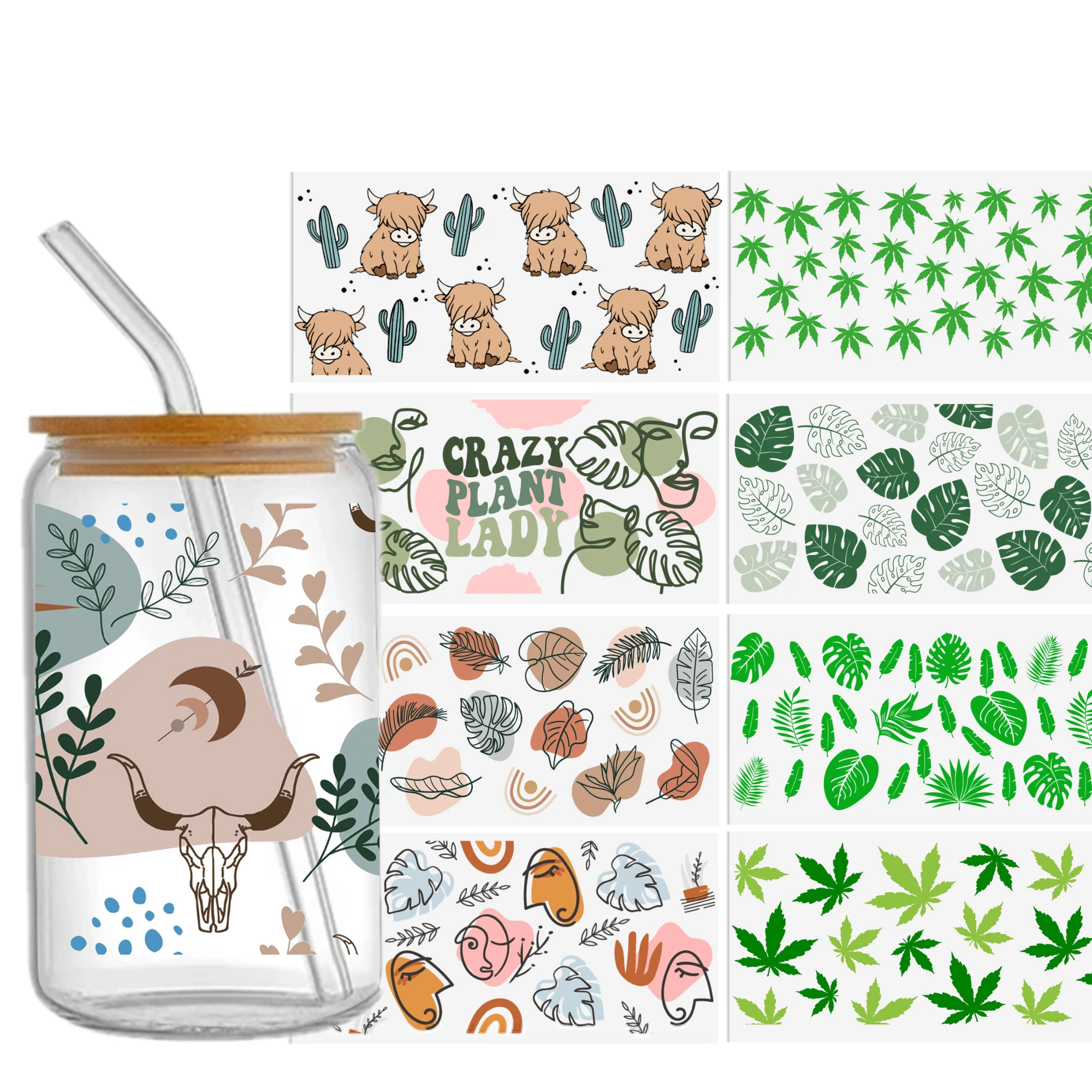 Sticker Label Template - Leaves Cow 16oz Tumbler Template DTF