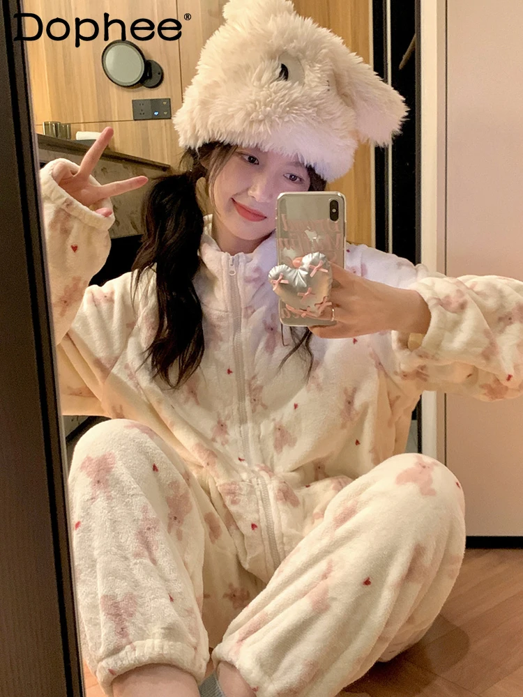 

Winter Thickened Cartoon Cute Rabbit Flannel Pajamas for Women Zipper High Collar Warm Coral Fleece Sweet Homewear
