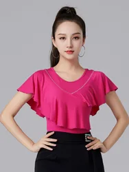 Solid Color Latin Dance Costume Tops Women Sports Jazz Rhinestones Wear Evening Practice Clothes Short Sleeve Dancewear T-shirt