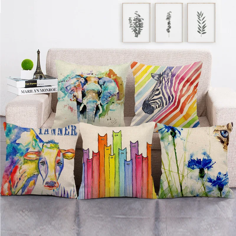 

Rainbow Animal Throw Pillow Case Cute Cow Cat Cotton Linen Pillowcase 40x40 Sofa Bed Living Room Decoration Pillow Cover 45x45cm