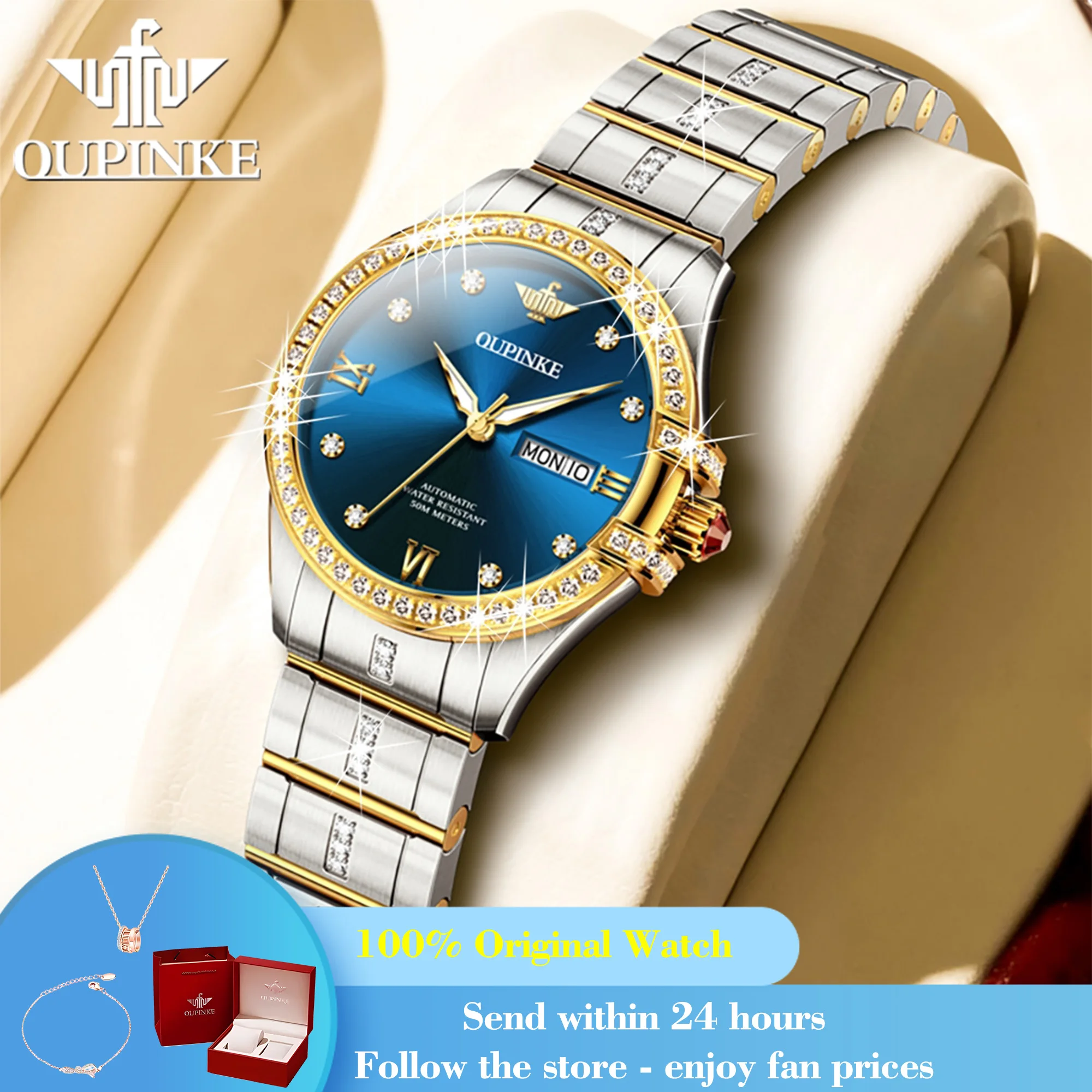 

OUPINKE 3195 Woman Automatic Watch Sapphire Mirror Dual Calendar Watch For Women Original Deep Waterproof Mechanical Wristwatch
