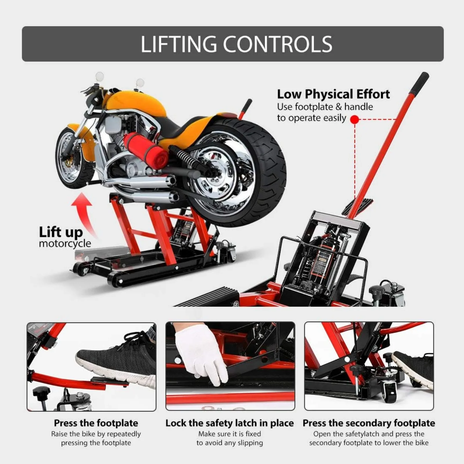 US  Hydraulic Motorcycle Lift Jack 1500 LBS Capacity Steel ATV Lifts Stand Hoist with Wheels and Handle for Motorcycles, ATVs