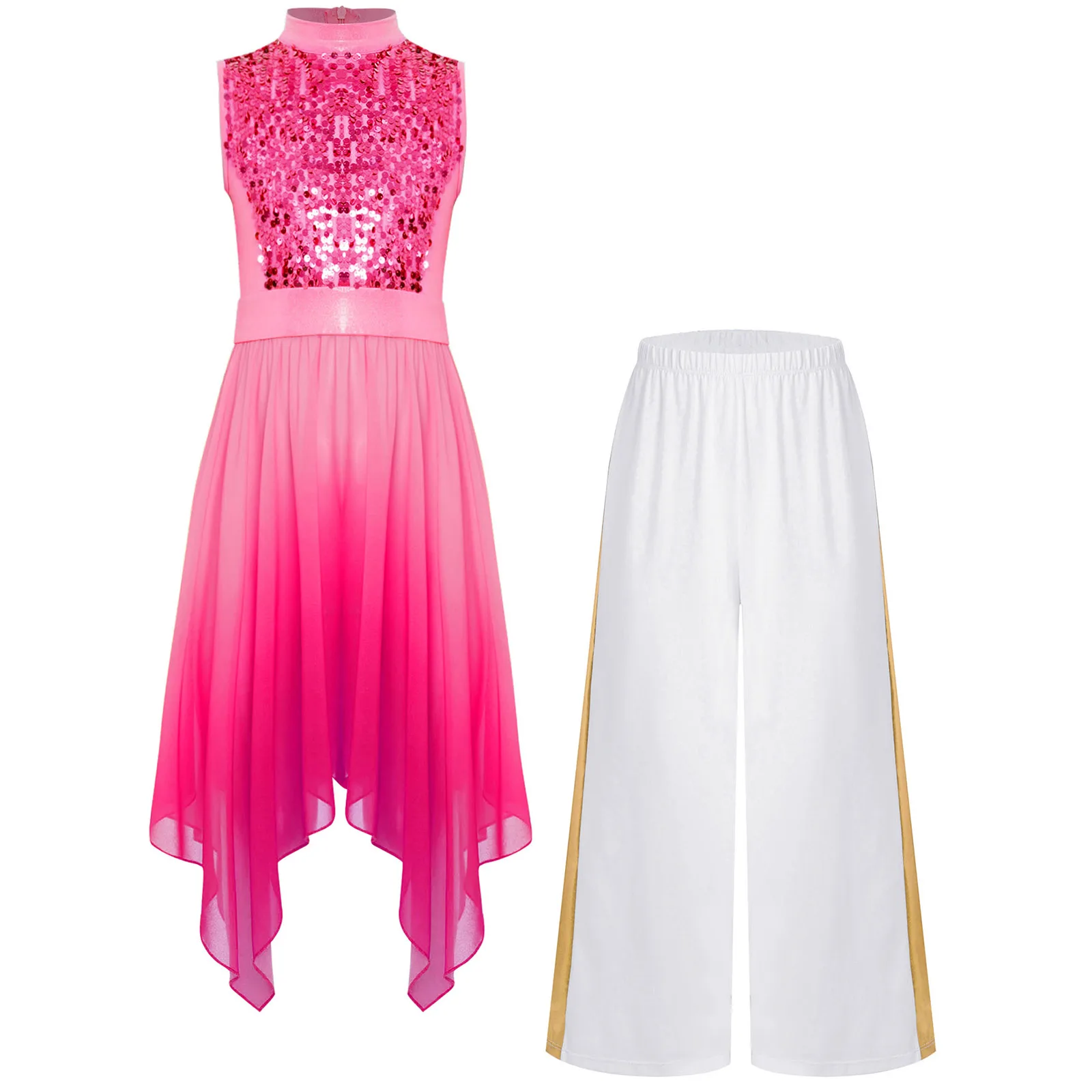 Kids Girls Liturgical Worship Praise Dance Outfits Sleeveless Asymmetrical Hem Shiny Sequins Bodice Tunic Dress+Wide-Leg Pants