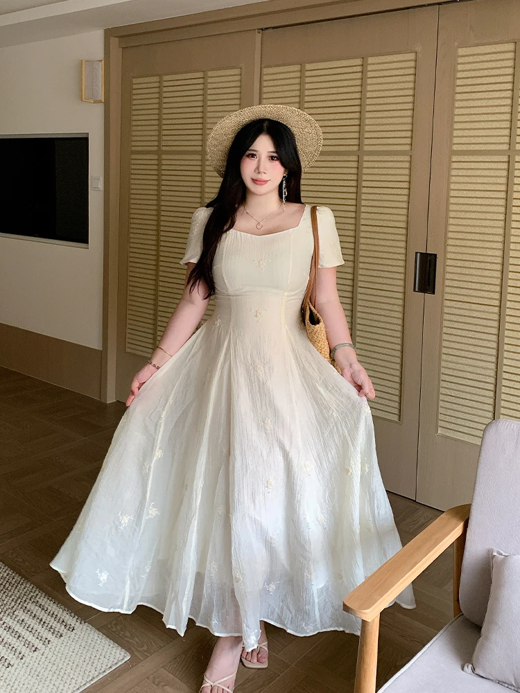 

Slimming Effect Heavy Embroidery Retro Dress High Waist Fairy Long Dress Large Size French Style X-Shape Knot Stree...