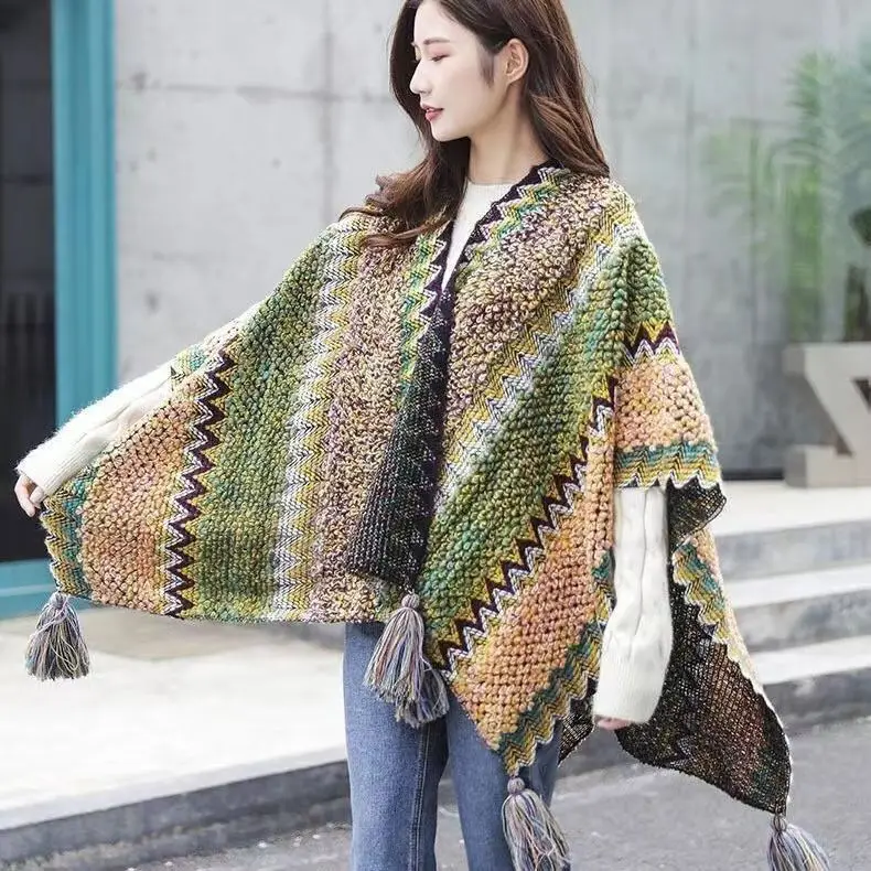 Poncho Knitted Cloak Knitted Cape Ethnic Style Capes Tassel Cardigan Sweater Color Loose Vintage Striped Women Travel Coat Pink