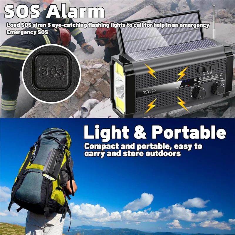 

B03B-Emergency Weather Radio Hand Crank Solar Radio Portable AM/FM/NOAA Radio With 5 Charging Modes Cell Phone Charger