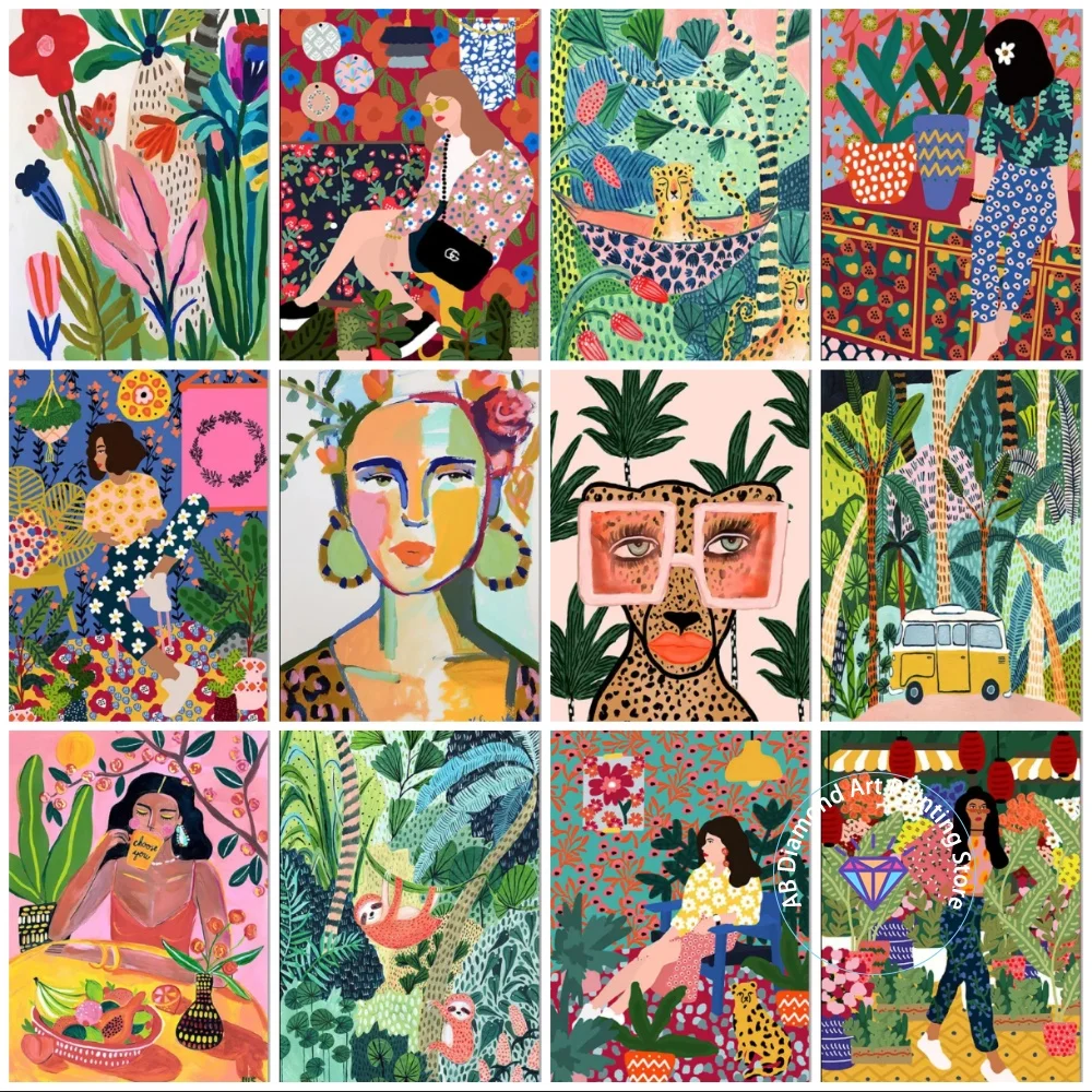 

Tropical Colorful Girl Flower Leopard AB Diamond Painting Kit Square Round Diamond 5D DIY Mosaic Handmade Art Gift Home Decor