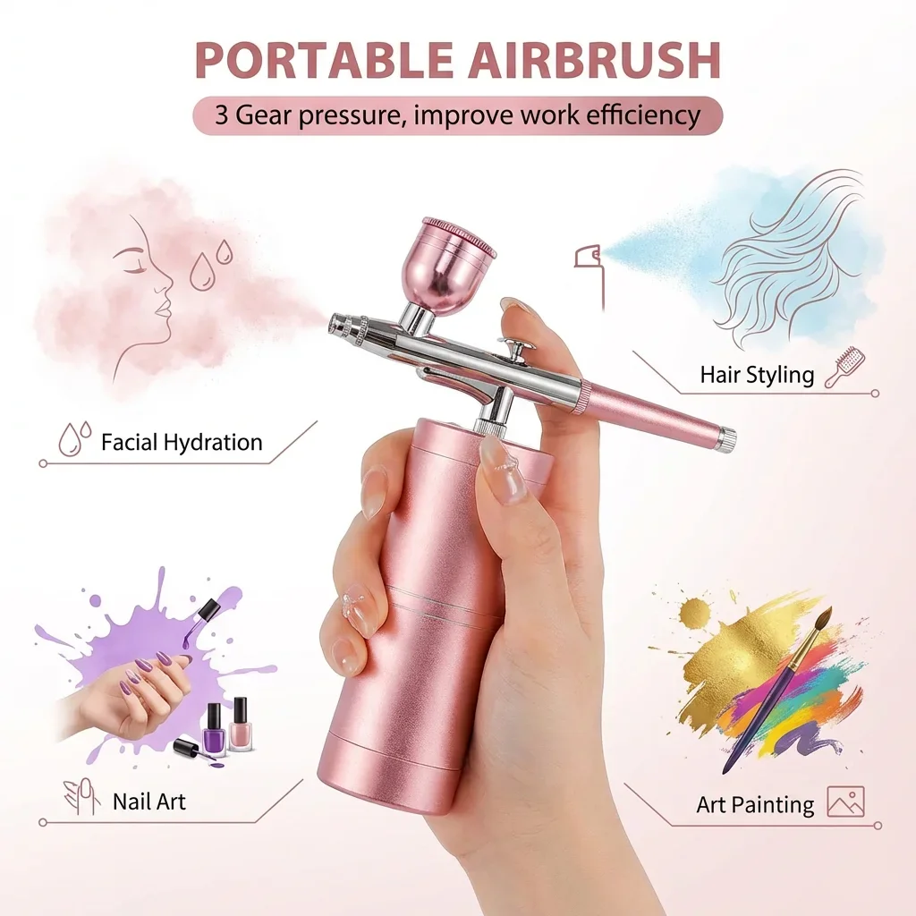 

0.3mm Pink Mini Air Compressor Airbrush Spray Gun Kit Precision Fine Mist Sprayer for Nail Art, Craft, Cake Decorating 0.3mm