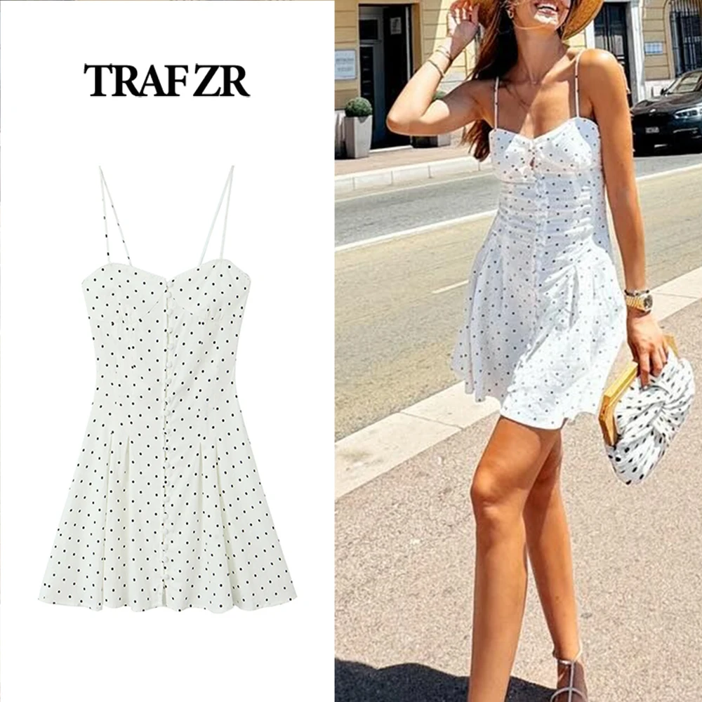 TRAF ZR Women Fashion Sweetheart Neck Mini Dress Open Back 2024 Elegant Chic Dot Dress with Adjustable Thin Straps Tied Back