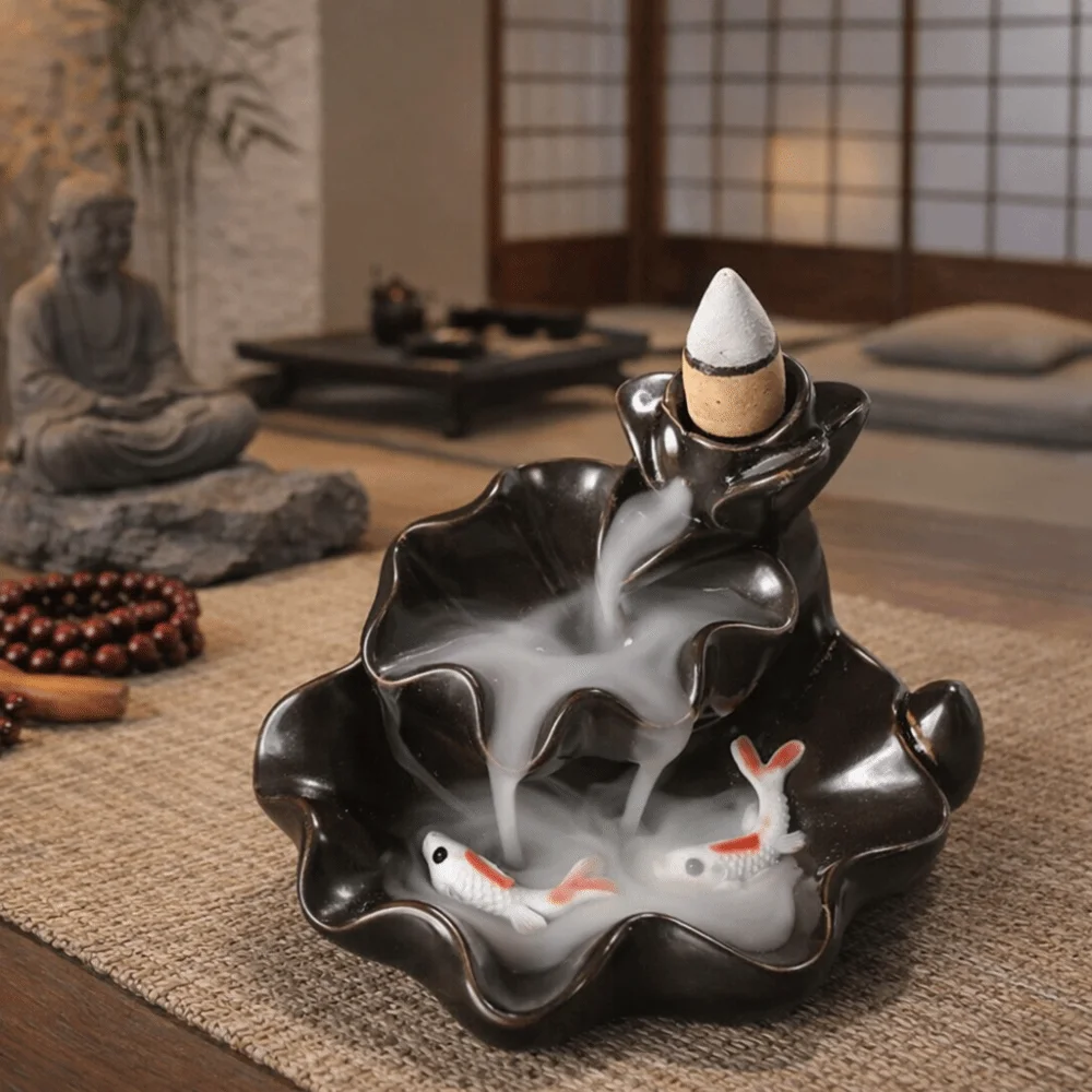 Mini Backflow Stick Incense Burner Lucky Fish Lotus Shape Ceramic Censer Decorative Incense Stick Holder Home Decoration