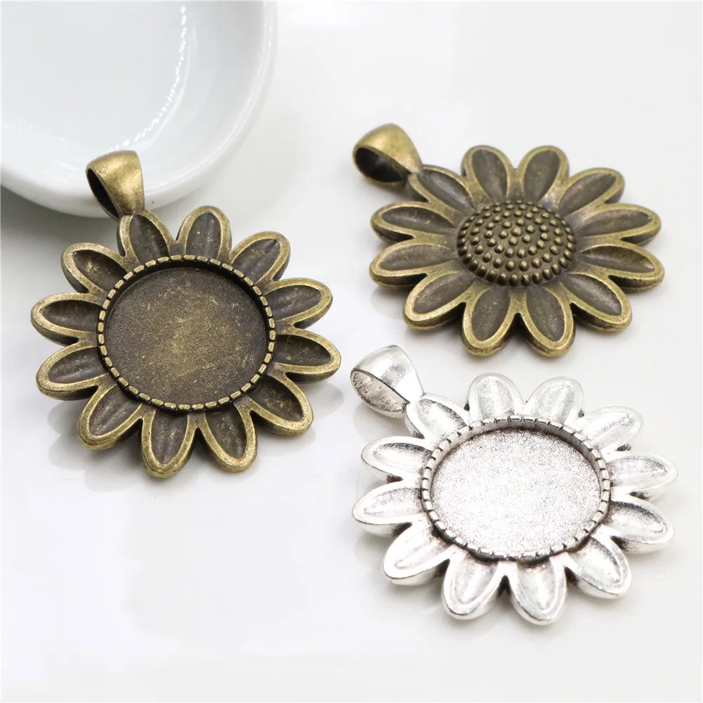 5pcs 18mm Inner Size Antique Bronze And Silver Plated Sun Flower Connection Style Cabochon Base Cameo Setting Charms Pendant